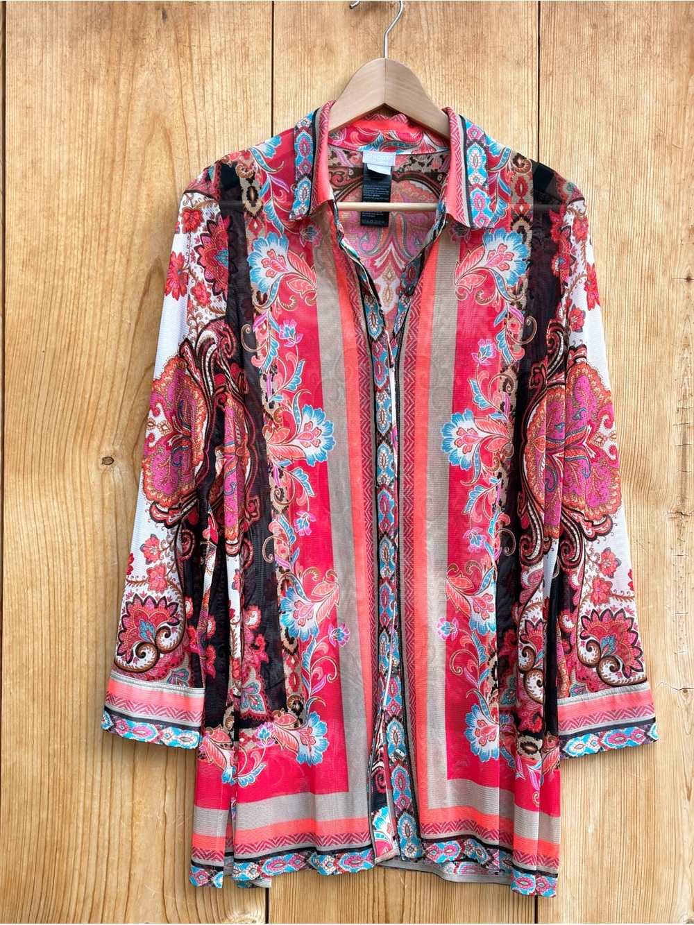 Chico’s Colorful Semi-Sheer Blouse Sz 2, Large
